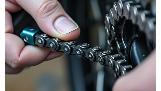 Hands performing maintenance on a bicycle chain with a cleaning tool, close-up.