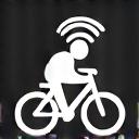 Icon representing smart connectivity: abstracted bicycle with a wifi signal overlay.