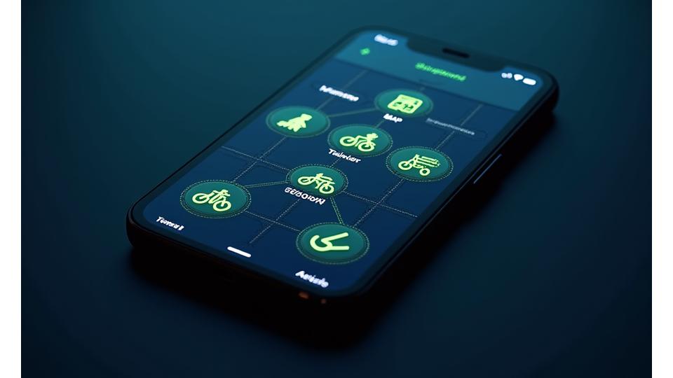 Various cycling apps displayed on a smartphone screen, with lines connecting to icons representing smart bike accessories